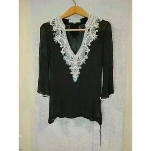 Kareenas Silk Beaded Tunic‎ Top Womens Size S Black Turquoise Sheer Metallic